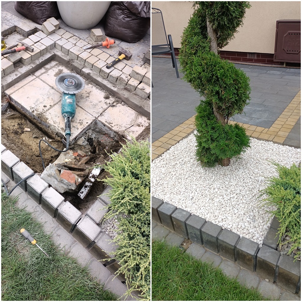 Dzielone zdjęcie: po lewej etap prac przy układaniu kostki brukowej z widoczną szlifierką kątową, młotkiem i dłutem; po prawej gotowy fragment z kręconym drzewkiem obsypanym białym gresem.
