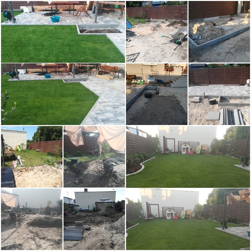 Kompozycja zdjęć przedstawiająca etapy prac w ogrodzie: od przygotowania terenu z wykopami i piaskiem, przez układanie kostki brukowej i obrzeży, aż po finalny efekt z trawnikiem, roślinami...