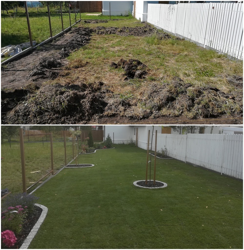 Zdjęcie porównawcze: teren przed i po wykonaniu prac ziemnych i założeniu trawnika, widoczne wyrównanie terenu, trawa, obrzeża rabat oraz młode drzewka z ozdobnymi obwódkami.
