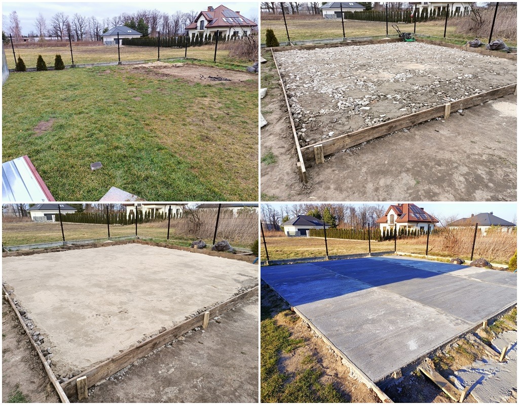 Czterofazowy proces przygotowania podłoża: od trawnika przez wysypanie kamieniem i wyrównanie ziemią do wylania betonu pod przyszłą konstrukcję na ogrodzonej działce.