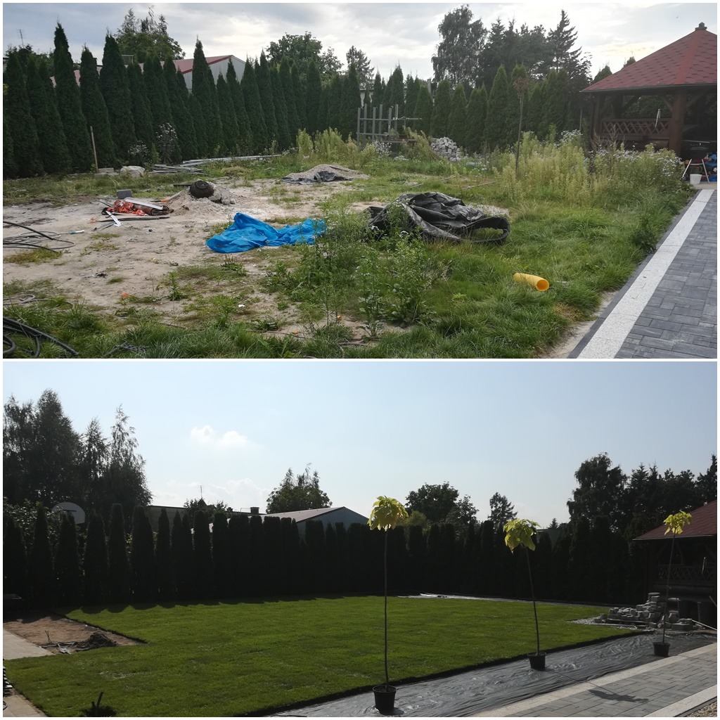 Porównanie stanu działki przed i po założeniu trawnika: widok na zarośnięty teren z gruzem i niebieską plandeką, a poniżej równy, zielony trawnik z młodymi drzewkami w donicach, oddzielony czarną...