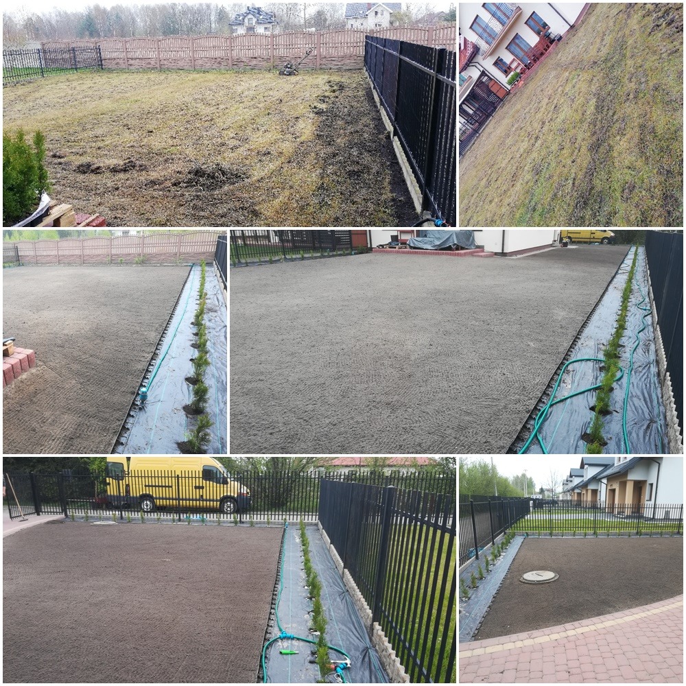 Seria zdjęć przedstawiających etapy przygotowania terenu pod trawnik: wyrównanie i nawiezienie ziemi, obrzeża z czarnej folii szkółkarskiej, system nawadniania i nasadzenia młodych tuj.