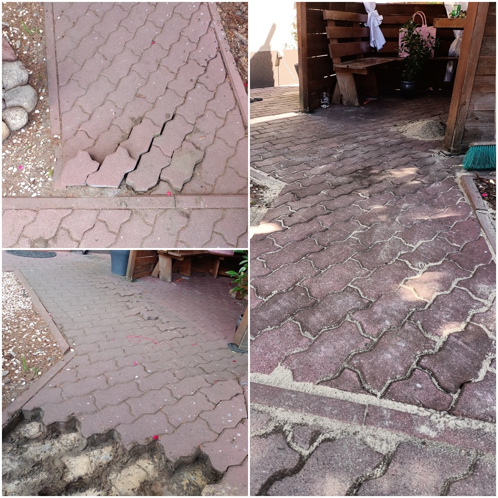 Multipanelowe ujęcie czerwonej kostki brukowej w kształcie litery 'S', z widocznymi uszkodzeniami i brakiem kilku elementów, kładziona przy drewnianej altanie.