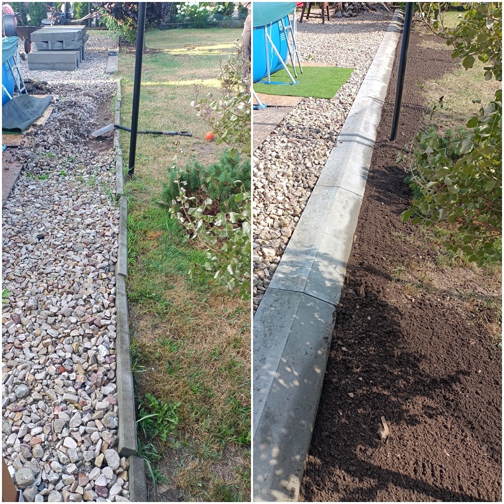 Dwa etapy prac: po lewej przygotowanie terenu z podsypką żwirową i ułożonymi obrzeżami, po prawej wyrównana ziemia po wewnętrznej stronie obrzeży, gotowa pod nasadzenia w ogrodzie.