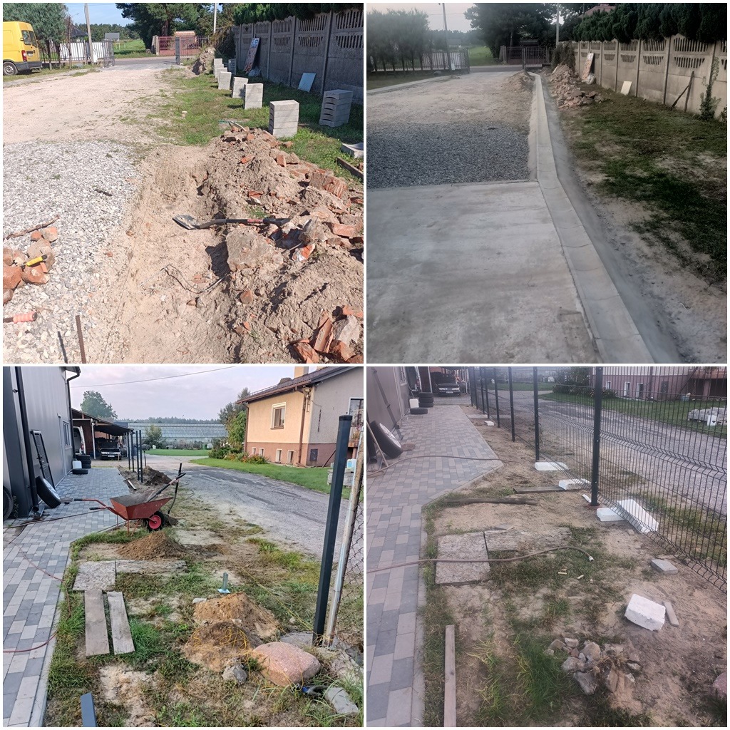 Kompozycja czterech zdjęć z różnych etapów prac ziemnych i brukarskich: przygotowanie terenu z gruzem i szpadlem, betonowy odpływ wzdłuż drogi, ułożona kostka brukowa z widocznym wózkiem i słupkami...