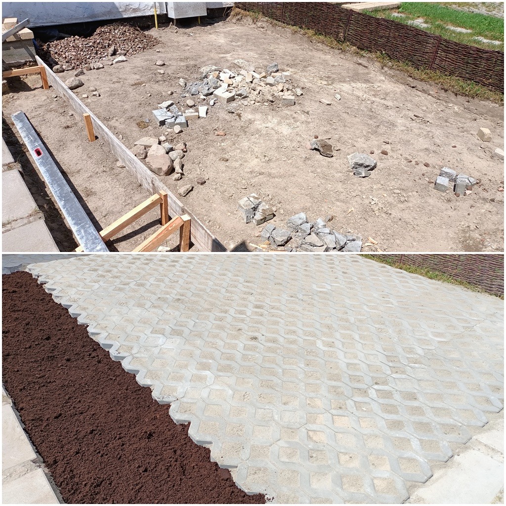 Dzielone ujęcie: Górna część przedstawia teren przygotowywany pod budowę, z widocznymi kamieniami, piaskiem i drewnianą konstrukcją. Dolna część ukazuje ułożoną nawierzchnię z ażurowych betonowych...