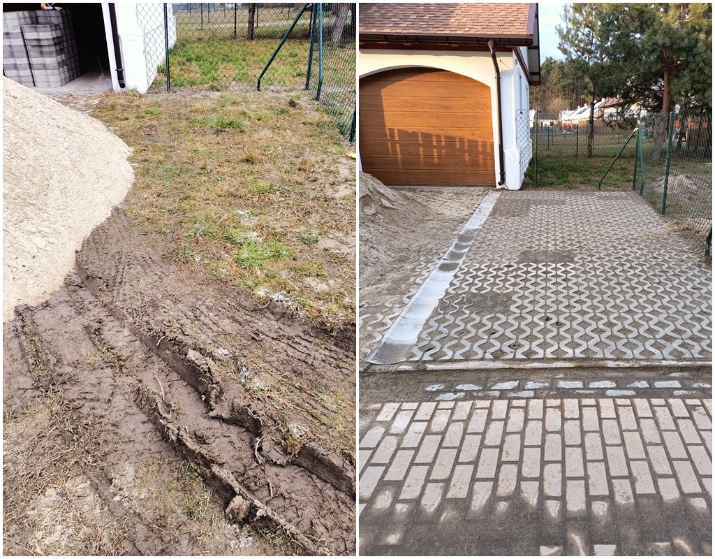 Porównanie terenu przed i po ułożeniu kostki brukowej: po lewej błotniste podłoże z koleinami, po prawej wybrukowany podjazd z kostki ażurowej i prostokątnej, widoczny garaż z brązową bramą.