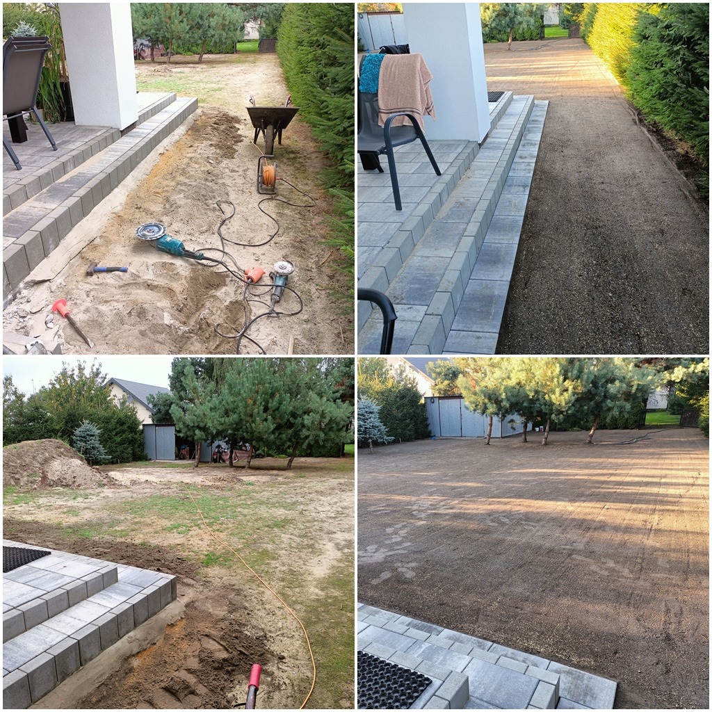 Czteropanelowe ujęcie z realizacji prac brukarskich w Kątach: widok z bliska na przygotowanie podłoża i ułożone stopnie z kostki brukowej, narzędzia pracy, oraz widok ogólny na wyrównany teren.