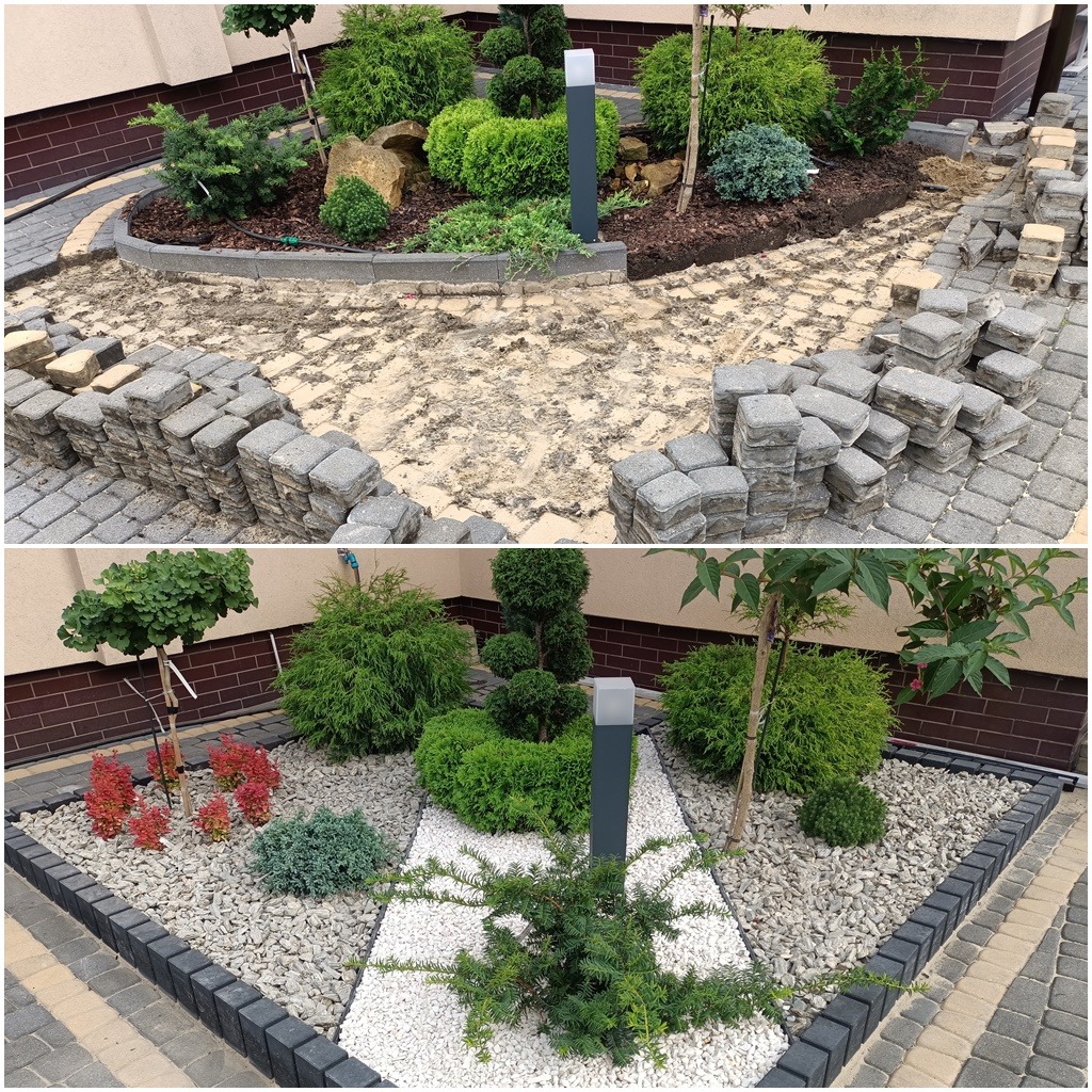 Dwa ujęcia ogrodu: górne przedstawia etap przygotowania terenu z ułożonym obrzeżem i stertami kostki brukowej, dolne ukazuje gotowy ogród z białym i szarym żwirem, różnorodnymi roślinami, obrzeżem...