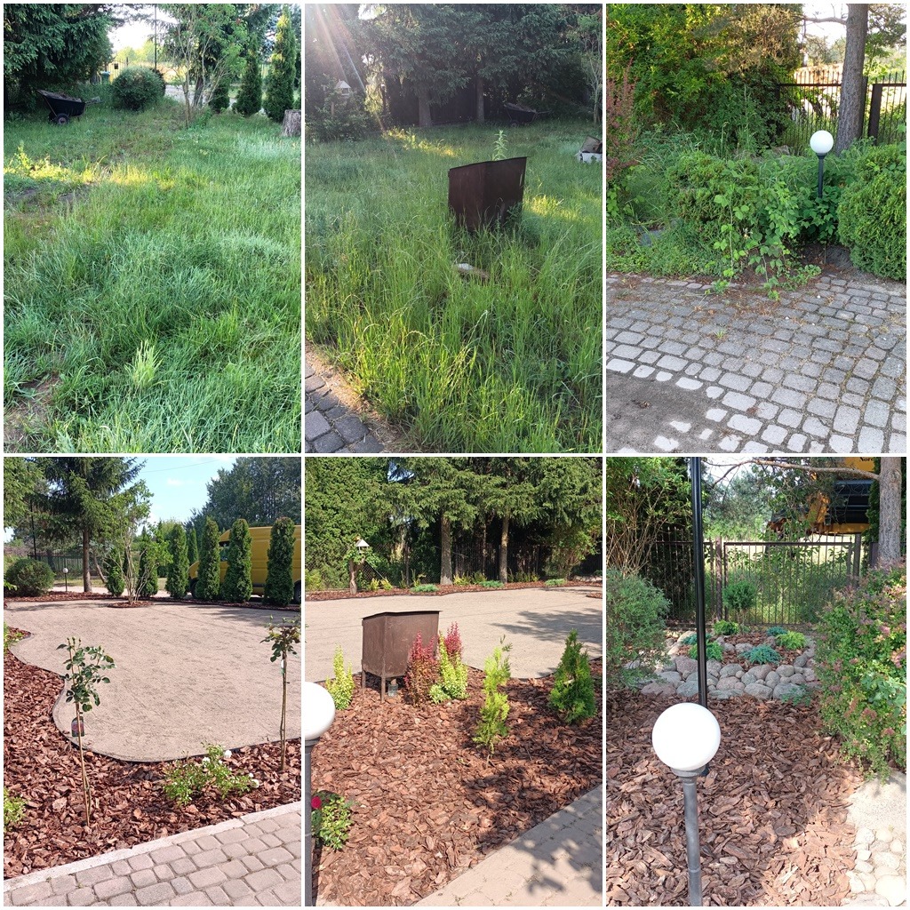 Kompozycja sześciu zdjęć: zaniedbany trawnik przed i po koszeniu, teren z wyrównaną ziemią obramowany kostką i korą, rabata z roślinami i korą, oświetlenie ogrodowe.