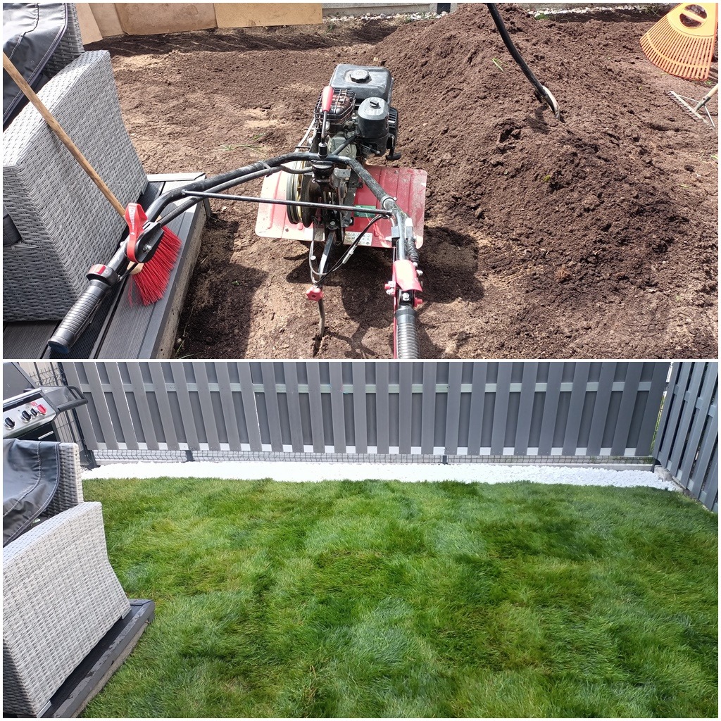 Dwuetapowe przygotowanie trawnika: glebogryzarka spalinowa na świeżo przekopanej ziemi w górnej części zdjęcia, a w dolnej gotowy, zielony trawnik z szarą, nowoczesną palisadą i białym grysem.