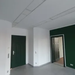 Wnętrze po malowaniu: białe ściany, ciemnozielona akcentowa ściana, ciemne drzwi. Widoczne listwy oświetleniowe na suficie i szara podłoga. Minimalistyczny design.