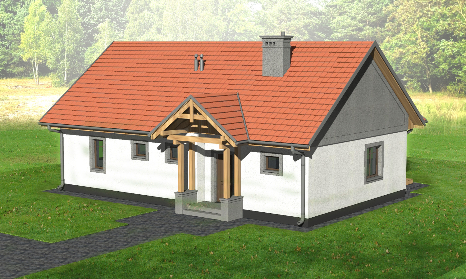 Wizualizacja parterowego domu jednorodzinnego z czerwonym dachem, szarym kominem i drewnianą konstrukcją zadaszenia wejścia, otoczonego zielonym trawnikiem i drzewami w tle.