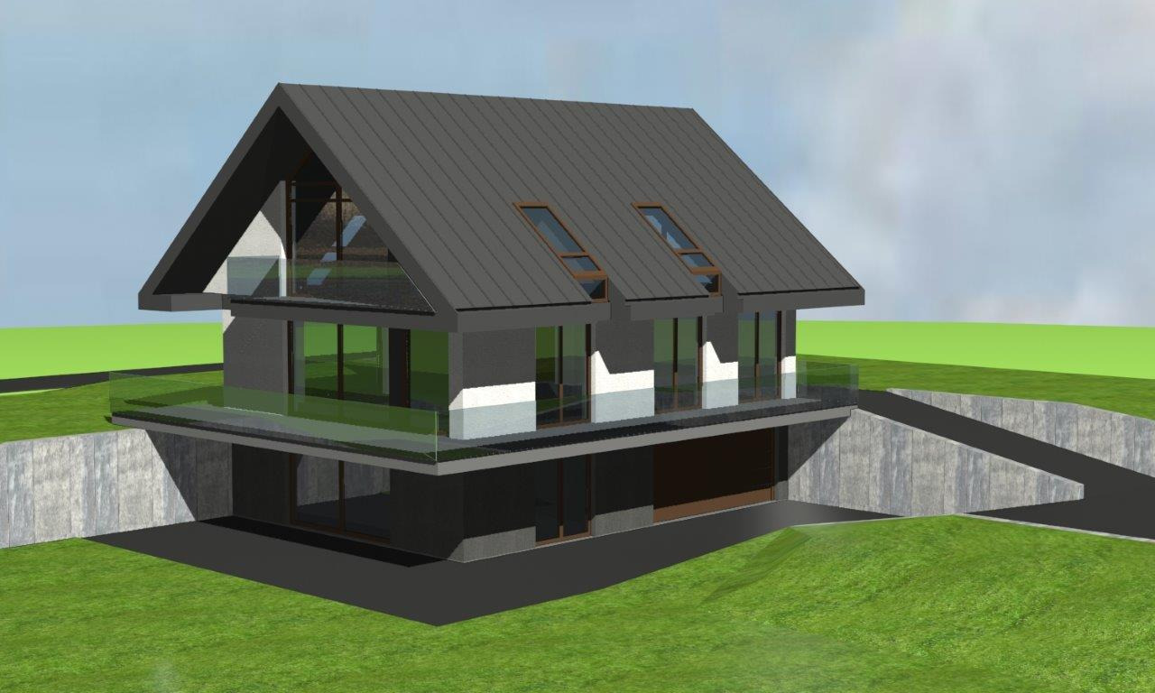 Wizualizacja 3D nowoczesnego domu z ciemnoszarą skośną dachówką, dużymi oknami i szklaną balustradą balkonu, osadzona w zielonym krajobrazie z betonowym podjazdem.