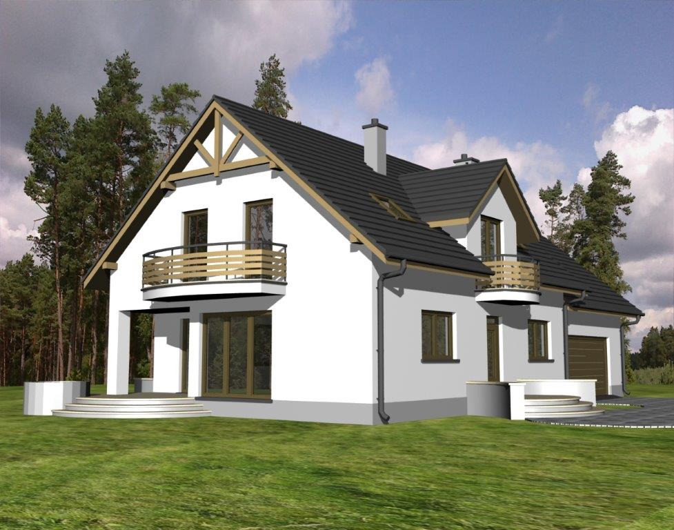Wizualizacja dwukondygnacyjnego domu jednorodzinnego z balkonami, białymi ścianami i ciemną dachówką, otoczonego zielonym trawnikiem i drzewami iglastymi w tle.