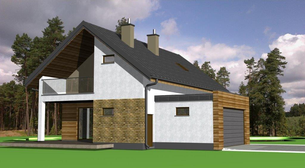 Wizualizacja nowoczesnego domu jednorodzinnego z garażem, dwuspadowym dachem i balkonem, elewacja częściowo wykończona cegłą klinkierową i drewnem, w tle las iglasty.