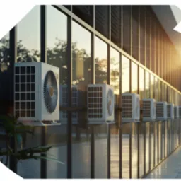 Szereg jednostek zewnętrznych klimatyzacji zamontowanych na elewacji budynku z przeszkleniami, odbijających promienie zachodzącego słońca.