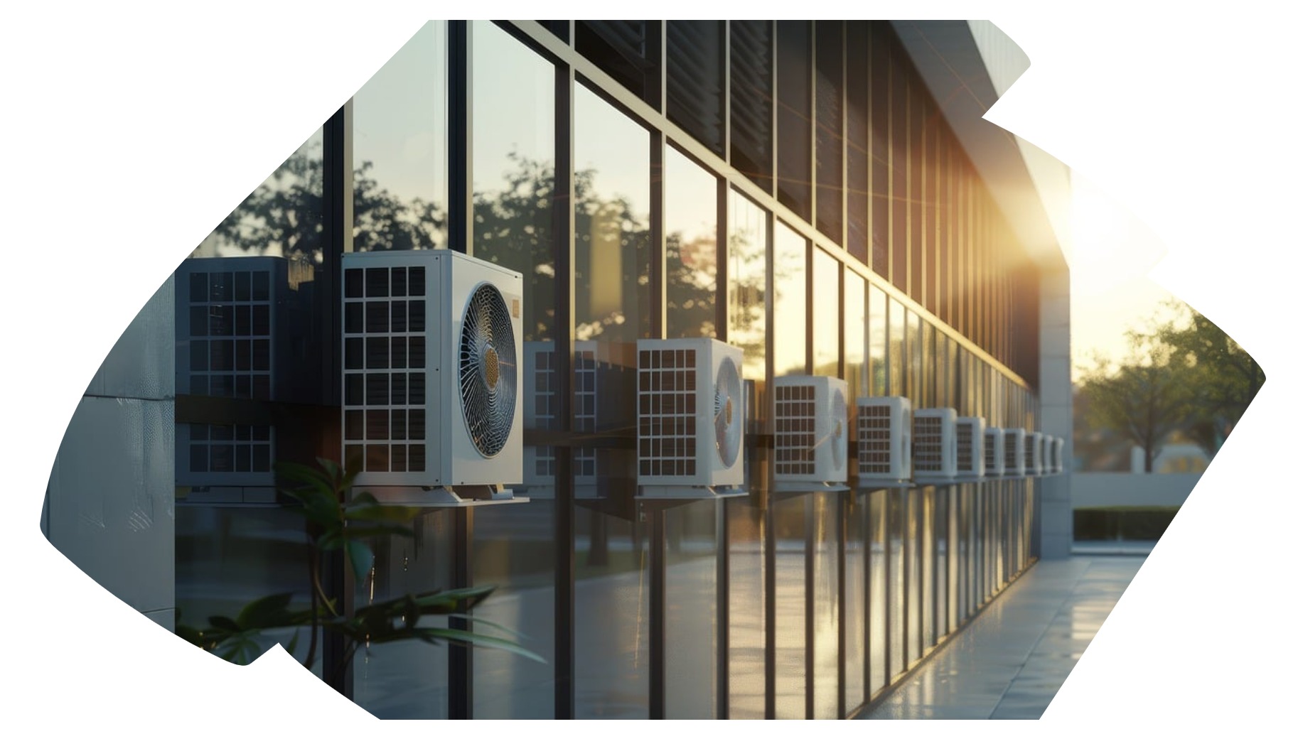 Szereg jednostek zewnętrznych klimatyzacji zamontowanych na elewacji budynku z przeszkleniami, odbijających promienie zachodzącego słońca.