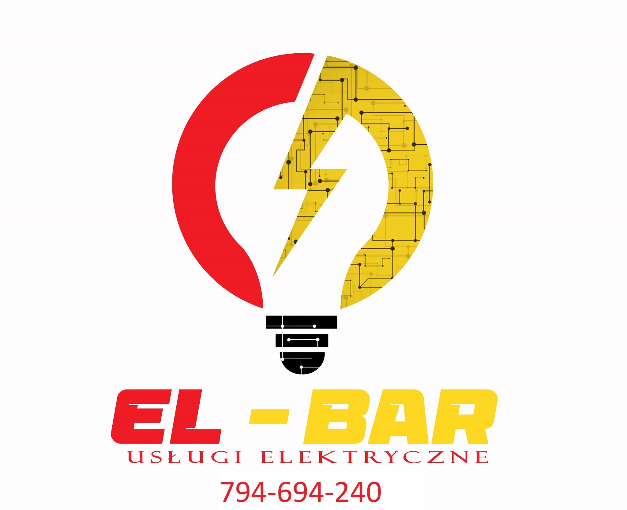 Logo firmy EL-BAR Usługi Elektryczne. Stylizowana żarówka z czerwonym obrysem i żółtym wnętrzem imitującym obwody elektryczne, przecięta symbolem błyskawicy. Numer telefonu 794-694-240.