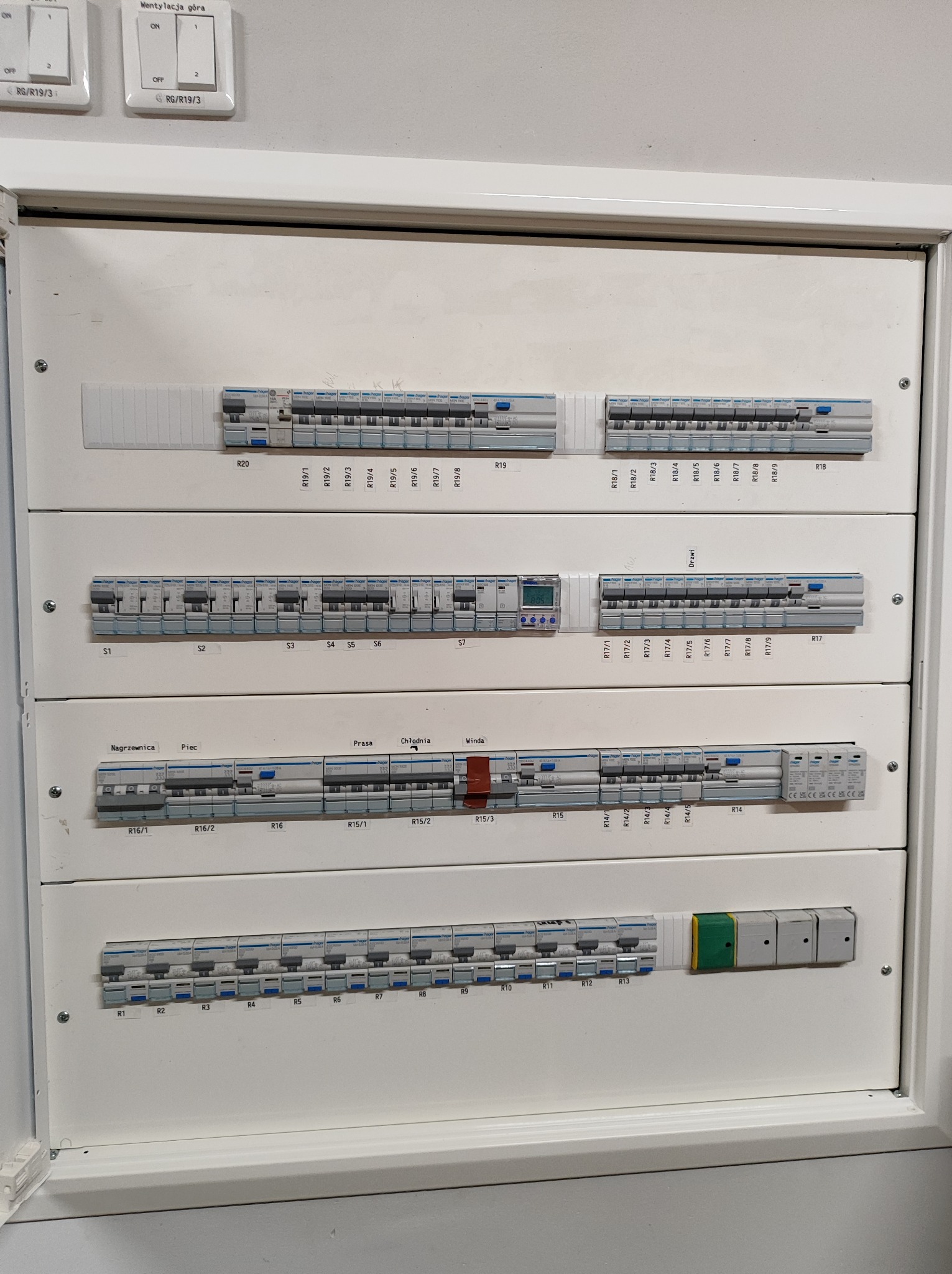 Rozdzielnica elektryczna z bezpiecznikami automatycznymi i opisami obwodów, widoczne wyłączniki różnicowoprądowe i nadprądowe.