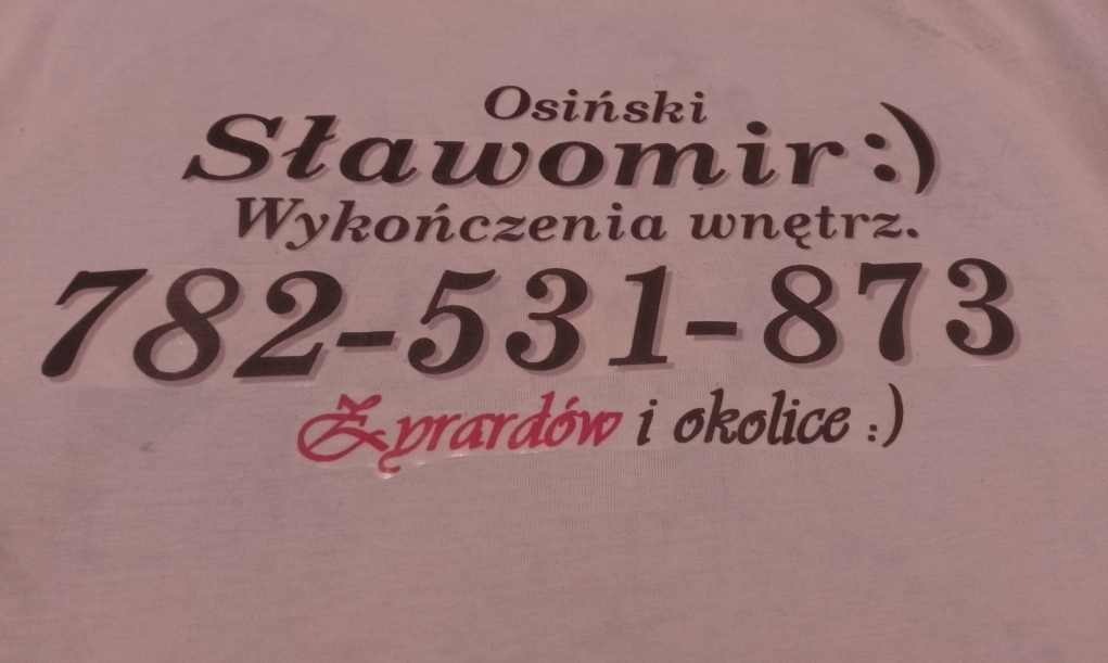 Wizytówka firmy 'Sławomir Osiński', oferującej usługi z zakresu wykończenia wnętrz, z numerem telefonu 782-531-873 i informacją o obszarze działania: Żyrardów i okolice.
