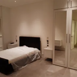 Nowoczesna sypialnia z łóżkiem z ciemnym zagłówkiem, białymi szafkami nocnymi i zabudową szaf z lustrami po bokach, podłoga z płytek imitujących kamień.