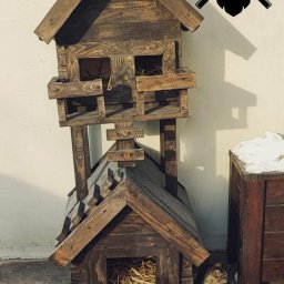 Brodaty stolarz Michał Pajek - Dwupoziomowy, drewniany domek dla zwierząt z sianem w środku, obok siedzi kot, w tle ściana i logo firmy.