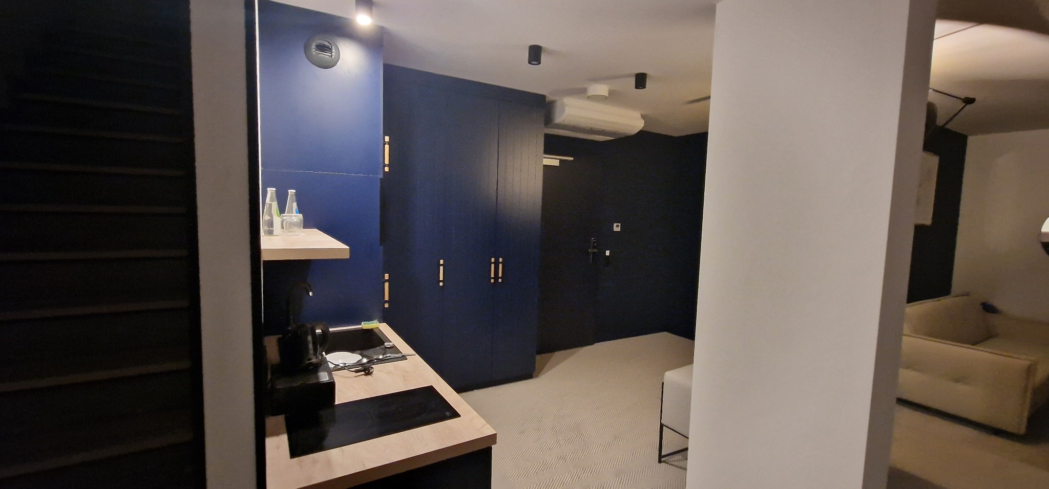 Wnętrze apartamentu z aneksem kuchennym, szafą w zabudowie i widokiem na salon z sofą.