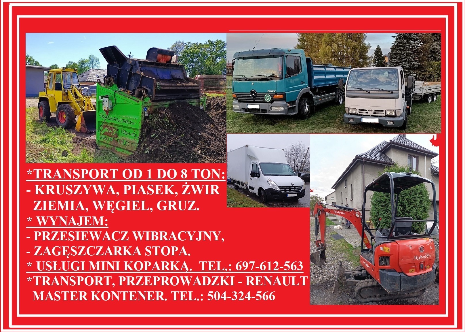 Zestawienie sprzętu budowlanego i transportowego: żółta ładowarka, przesiewacz wibracyjny, zielono-niebieska ciężarówka, biały bus kontenerowy Renault Master i mini koparka Kubota na tle domu.