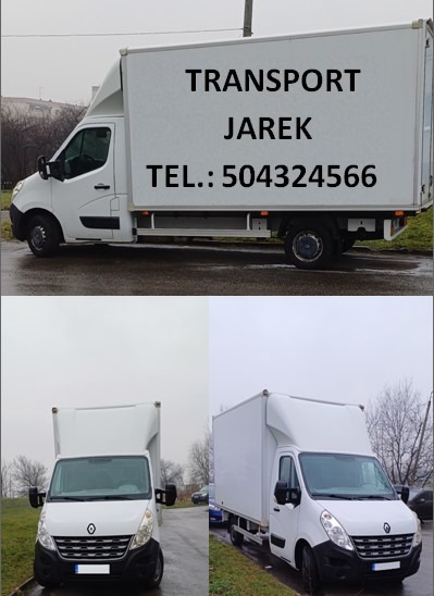 Biały samochód dostawczy Renault Master z nadrukiem 'TRANSPORT JAREK TEL.: 504324566' na skrzyni ładunkowej, sfotografowany pod różnymi kątami na zewnątrz.