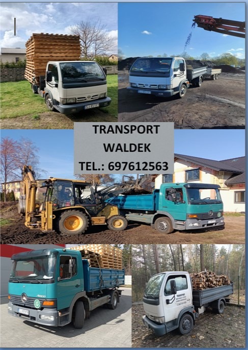 Kolaż zdjęć przedstawiających różne ciężarówki transportowe, w tym z ładunkiem palet, węgla i drewna, oraz koparkę ładującą materiał do ciężarówki, uzupełniony o tabliczkę z napisem 'TRANSPORT...