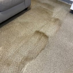 Myjnia parowa Legnica Wojciech Jurkiewicz - Brudny, beżowy dywan z plamami po czyszczeniu, częściowo zasłonięty przez szary fotel.