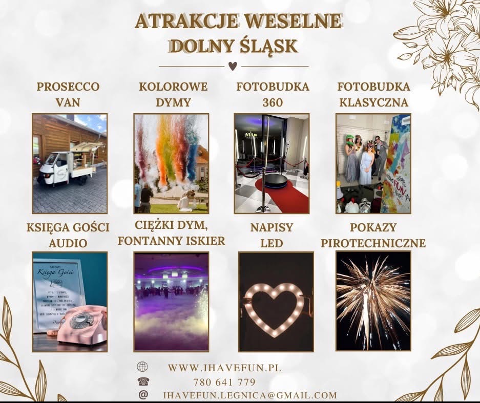 Atrakcje weselne Dolny Śląsk: Prosecco Van, Kolorowe Dymy, Fotobudka 360, Klasyczna, Księga Gości Audio, Ciężki Dym, Napisy LED, Pokazy pirotechniczne.