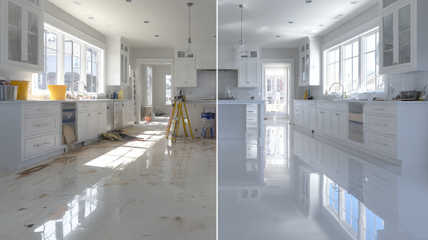 Kuchnia po remoncie: porównanie stanu przed i po. Po lewej podłoga zabrudzona, po prawej lśniąca czystością. Białe szafki i okna, jasne wnętrze.