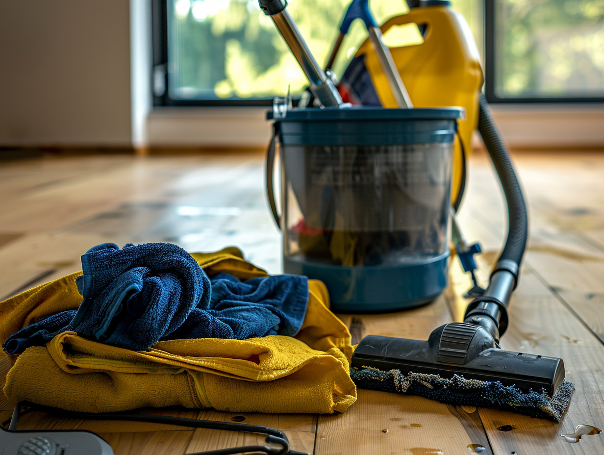 Sprzęt do sprzątania podłogi: wiadro z mopem, odkurzacz, ściereczki żółte i niebieskie, płyn. Widok na drewnianą podłogę i okno w tle. Przygotowanie do pracy.