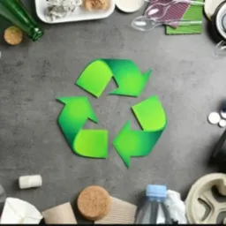Symbol recyklingu otoczony różnymi odpadami: plastikowymi butelkami, papierowymi kubkami, szklaną butelką i korkami, ułożone na szarym tle.