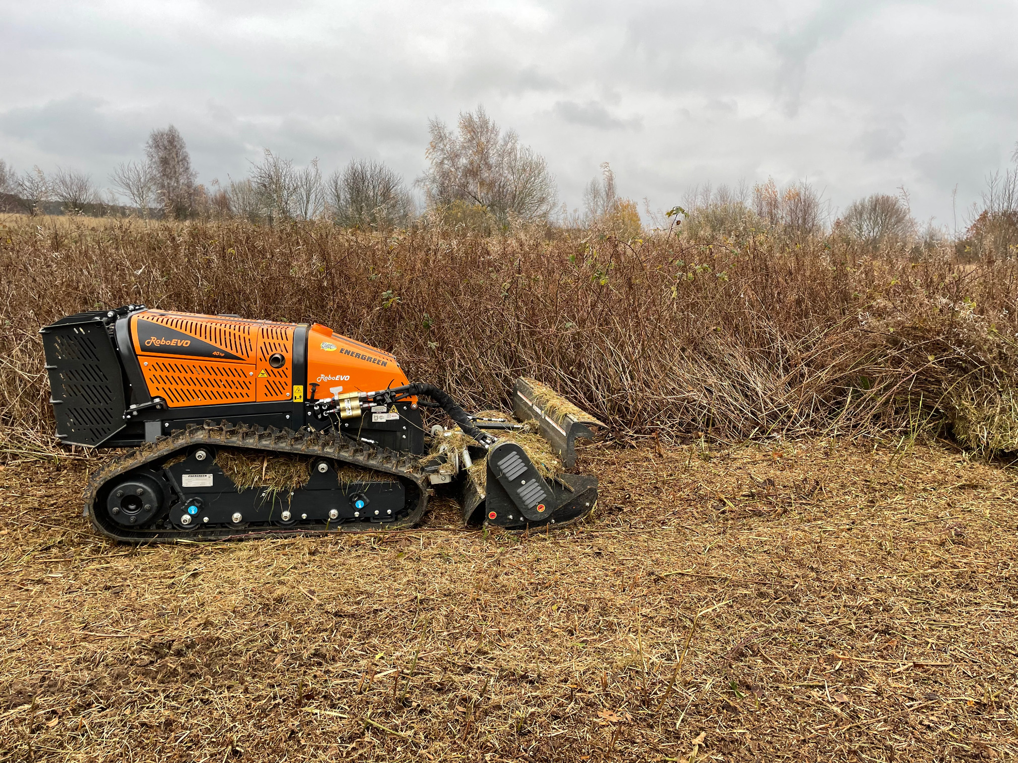 Pomarańczowa, gąsienicowa kosiarka RoboEVO 40hp Energreen na polu po skoszeniu wysokiej trawy i krzewów, z pozostałościami roślin na ostrzach i w otoczeniu.