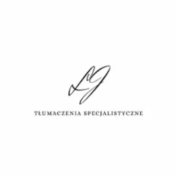 Logo firmy oferującej tłumaczenia specjalistyczne z inicjałami w formie eleganckiego, kaligraficznego podpisu.