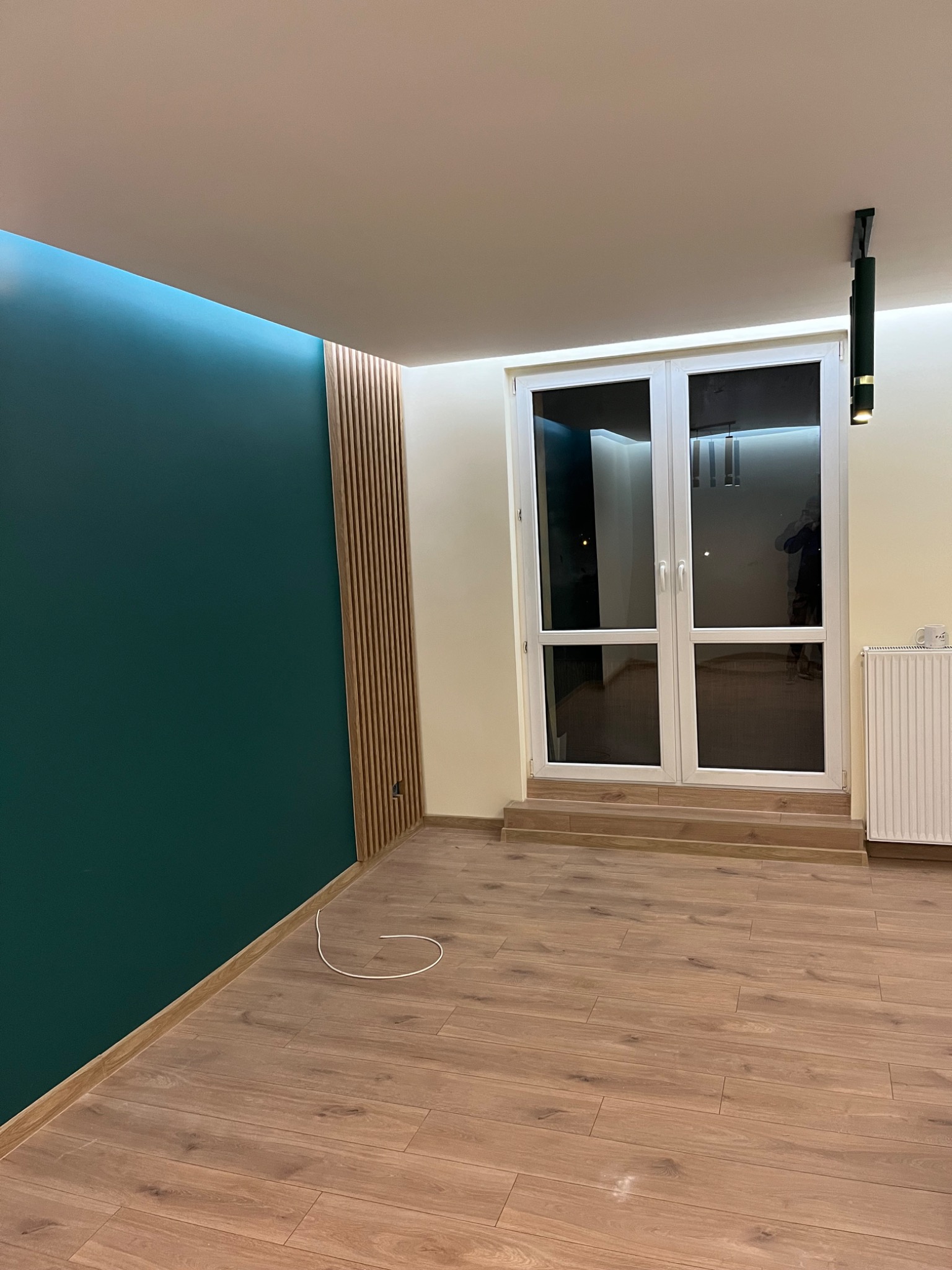 Nowoczesne wnętrze po remoncie: ciemnozielona ściana z listwami dekoracyjnymi, drewniana podłoga, białe drzwi balkonowe z widocznym odbiciem osoby, czarna lampa sufitowa i biały grzejnik.