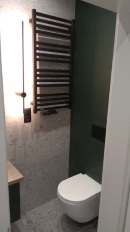 Nowoczesna łazienka z grafitowym grzejnikiem drabinkowym, szarą mozaiką na ścianie i podwieszaną toaletą. Minimalistyczny design z akcentem zieleni.
