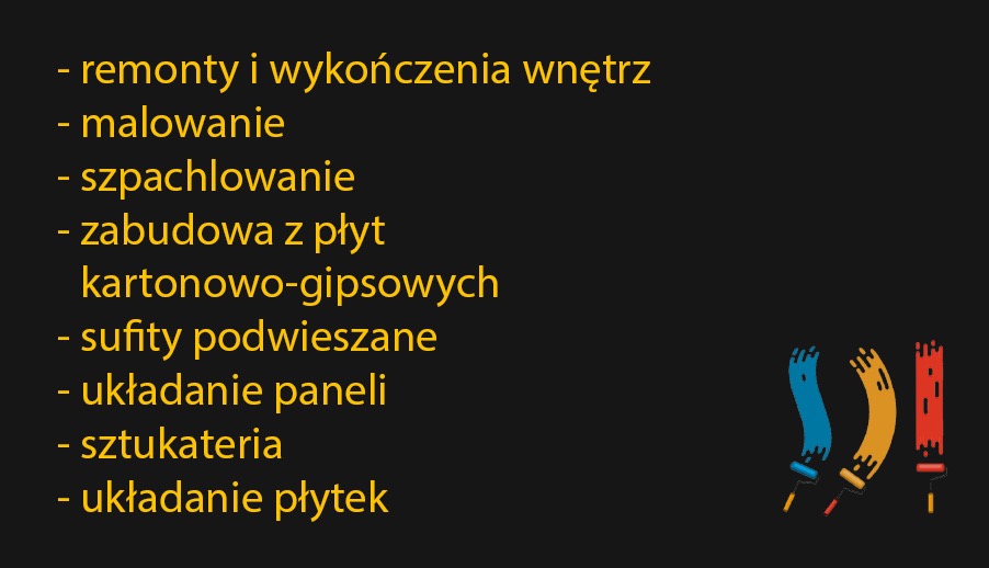 Grafika z listą usług remontowych: malowanie, szpachlowanie, zabudowa z płyt gipsowych, sufity podwieszane, układanie paneli i płytek oraz kolorowe wałki malarskie.