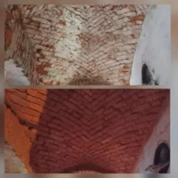 Porównanie stanu sklepienia ceglanego przed i po renowacji. Górna część pokazuje zabrudzone, częściowo pobielone cegły, dolna część ukazuje odnowione, czyste cegły w odcieniach czerwieni. Widoczne...