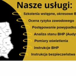Grafika informacyjna z listą usług: Szkolenia wstępne, okresowe BHP, Ocena ryzyka zawodowego, Postępowanie powypadkowe, Analiza stanu BHP (Audyty BHP), Pomiary oświetlenia, Instrukcje BHP...