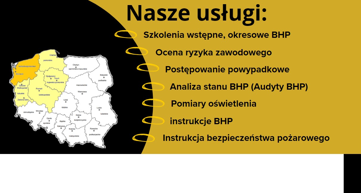 Grafika informacyjna z listą usług: Szkolenia wstępne, okresowe BHP, Ocena ryzyka zawodowego, Postępowanie powypadkowe, Analiza stanu BHP (Audyty BHP), Pomiary oświetlenia, Instrukcje BHP...