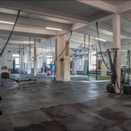 Nieruchome - Przestronna, jasna sala gimnastyczna z widocznymi ciężarami, ergometrami wioślarskimi, linami do wspinaczki, drabinkami i ringami gimnastycznymi; w tle osoba ćwicząca z piłką.