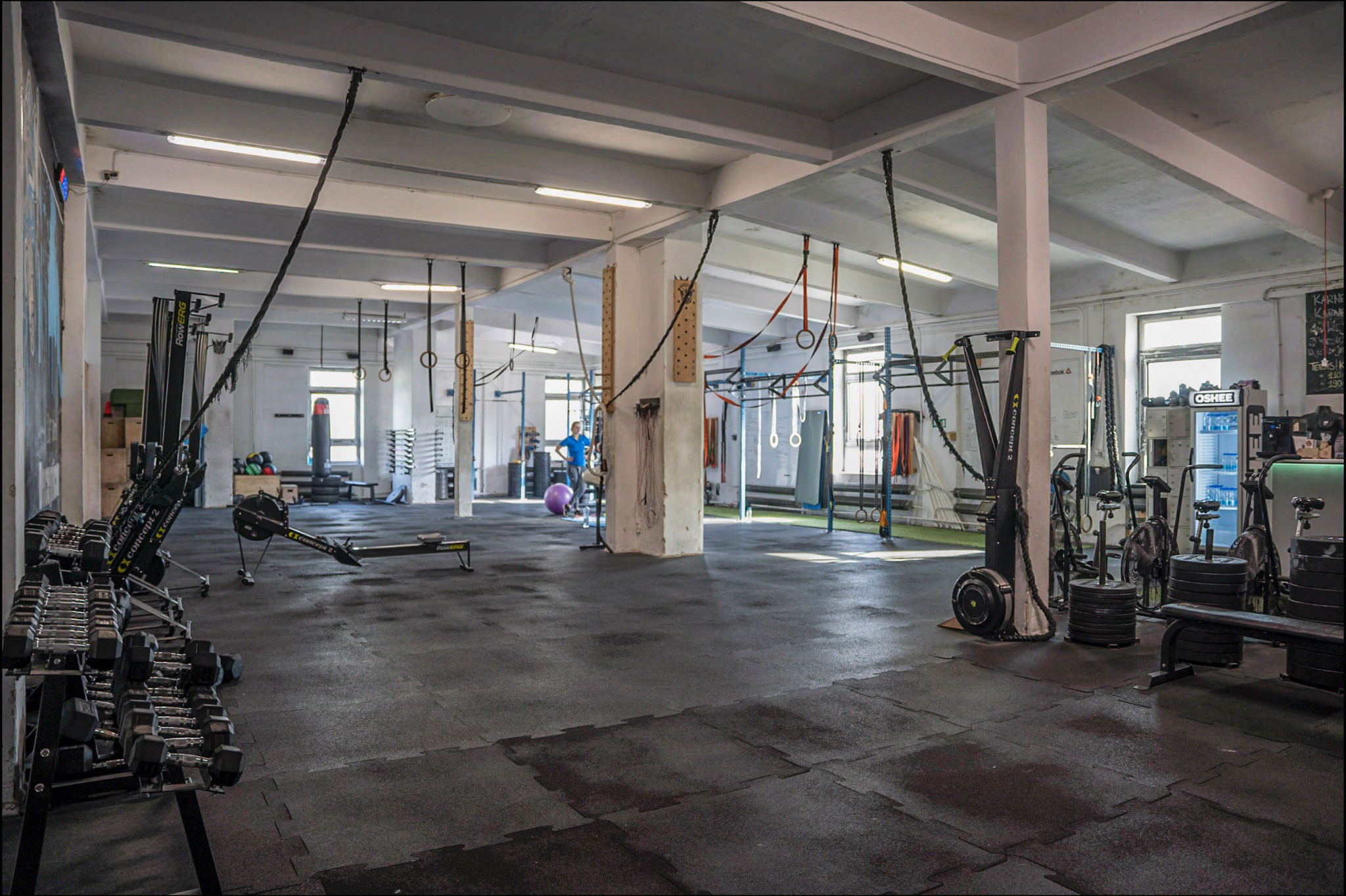 Przestronna, jasna sala gimnastyczna z widocznymi ciężarami, ergometrami wioślarskimi, linami do wspinaczki, drabinkami i ringami gimnastycznymi; w tle osoba ćwicząca z piłką.