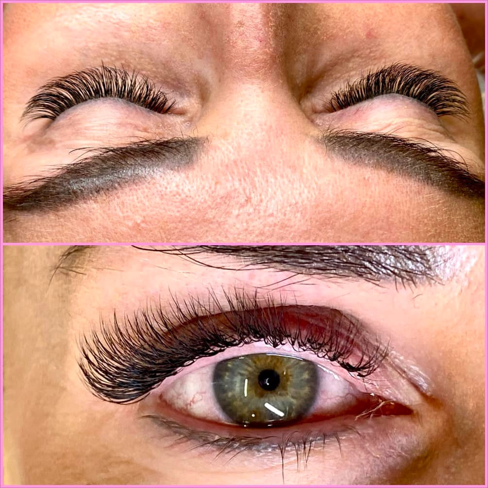 Zbliżenie na oko z przedłużonymi rzęsami metodą objętościową, widoczne brwi po makijażu permanentnym, zielona tęczówka oka.