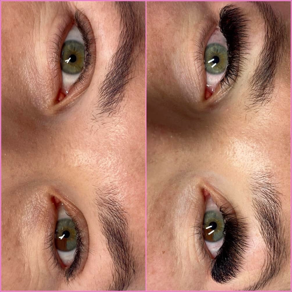 Zbliżenie na oko przed i po zabiegu przedłużania rzęs metodą objętościową, widoczne zielone tęczówki i gęste, czarne rzęsy po prawej stronie.