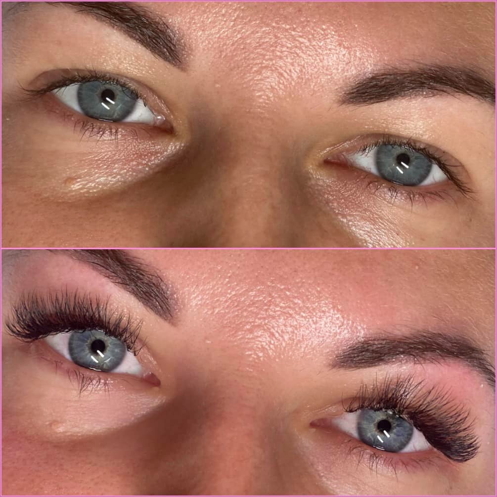 Zbliżenie na oczy przed i po zabiegu przedłużania rzęs, widoczna różnica w gęstości i długości rzęs, brwi o naturalnym kształcie.