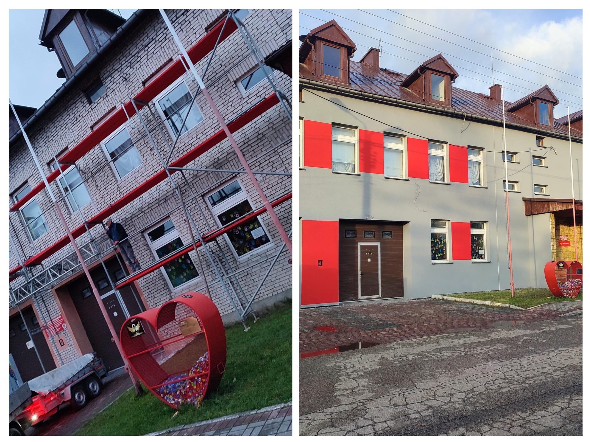 Dwa ujęcia budynku: jedno z rusztowaniem i pracownikiem, drugie po ukończeniu prac z pomalowanymi elementami na czerwono, widoczne dekoracyjne serce na trawniku.